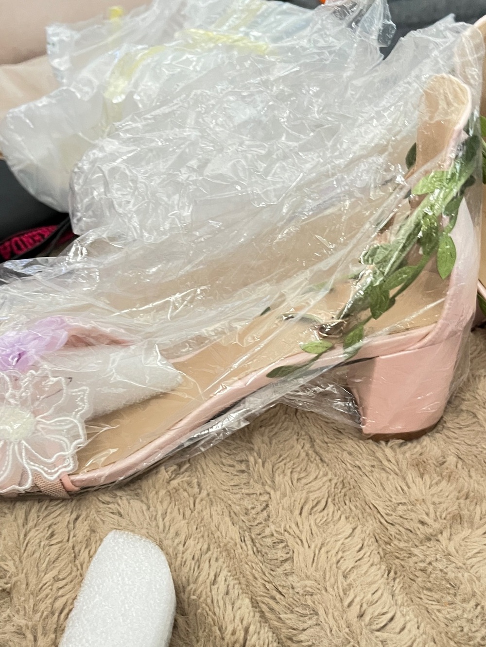 Betsey Johnson Pink Heeled Sandals with Lavender & White Floral Accents - Picture 4 of 5